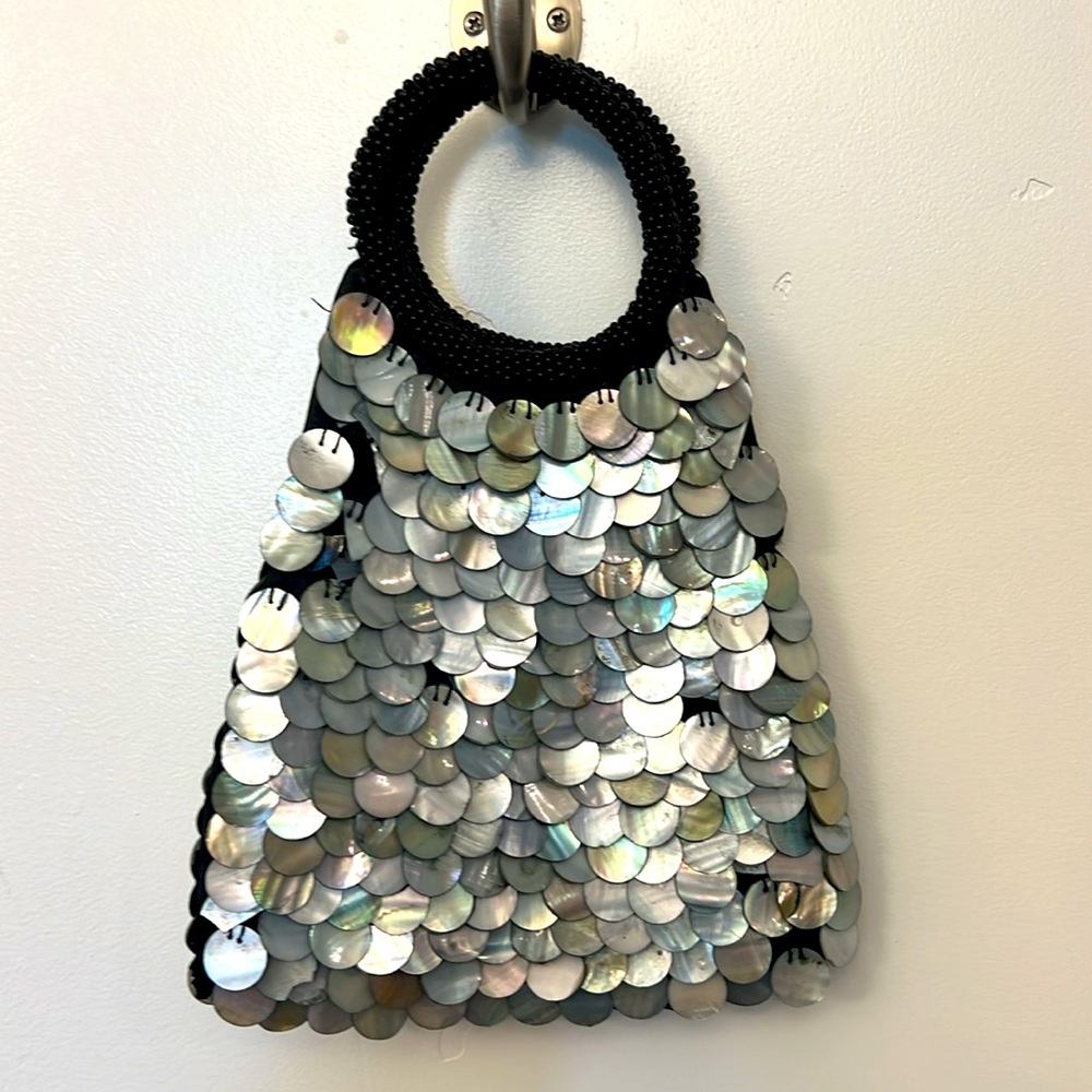 Handheld Shell Sequin Shoulder Bag in Iridescent Silver and Black - Picture 2 of 5